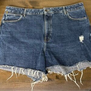 High-Rise Distressed Denim Wrangler Shorts in Dark Blue